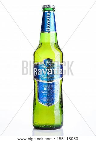 LONDON UK - NOVEMBER 05 2016.Cold bottle of Bavaria Premium Beer on white background. Bavaria is the second largest brewery in the Netherlands founded before 1680.