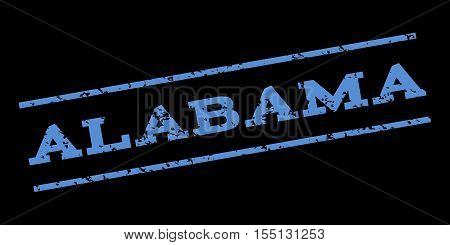 Alabama watermark stamp. Text tag between parallel lines with grunge design style. Rubber seal stamp with dust texture. Vector blue color ink imprint on a black background.
