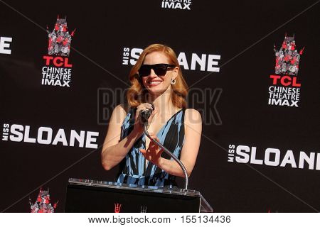 LOS ANGELES - NOV 3:  Jessica Chastain at the Jessica Chastain Hand and Foot Print Ceremony at TCL Chinese Theater IMAX on November 3, 2016 in Los Angeles, CA