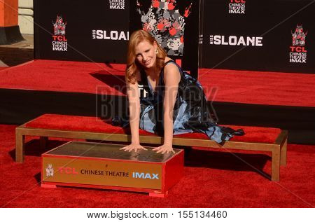 LOS ANGELES - NOV 3:  Jessica Chastain at the Jessica Chastain Hand and Foot Print Ceremony at TCL Chinese Theater IMAX on November 3, 2016 in Los Angeles, CA