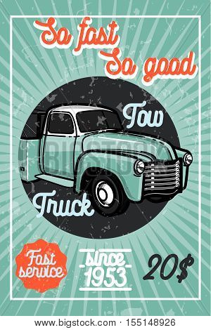 Color vintage car tow truck poster and design elements