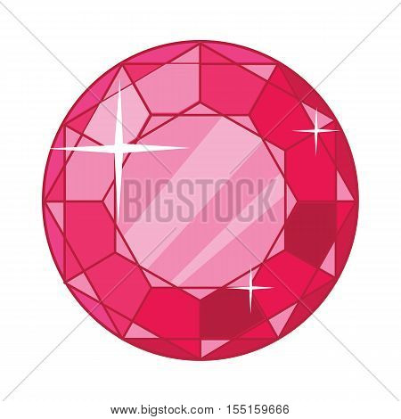 Beautiful red ruby icon. Bright shiny round ruby gemstone in flat. Diamond shape. Ruby red garnet jewel crystal with sparkles. Isolated vector illustration on white background.