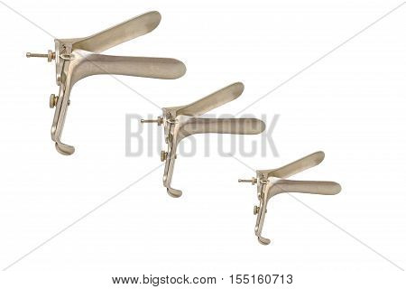 Stack of medical equipment ,Gynecologic Speculum on white background