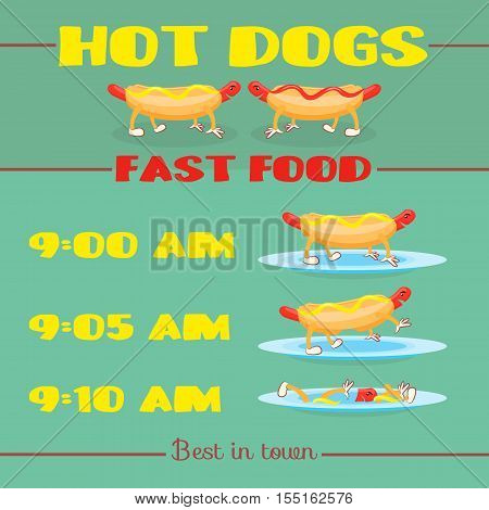 Hot dog banner. Cartoon hot dog life. American breakfast, fast food. Comic characters. Cute food