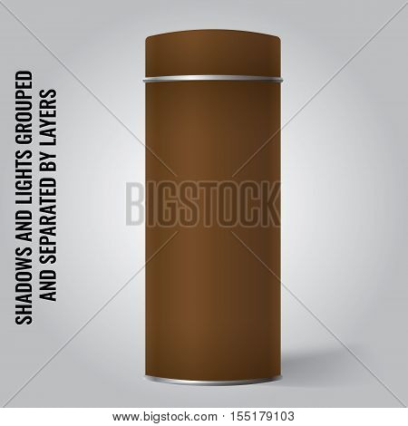Brown Blank Tin can packaging mockup. Tea coffee dry products gift box. Place your design over the box.