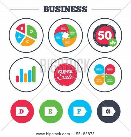 Business pie chart. Growth graph. Energy efficiency class icons. Energy consumption sign symbols. Class D, E, F and G. Super sale and discount buttons. Vector