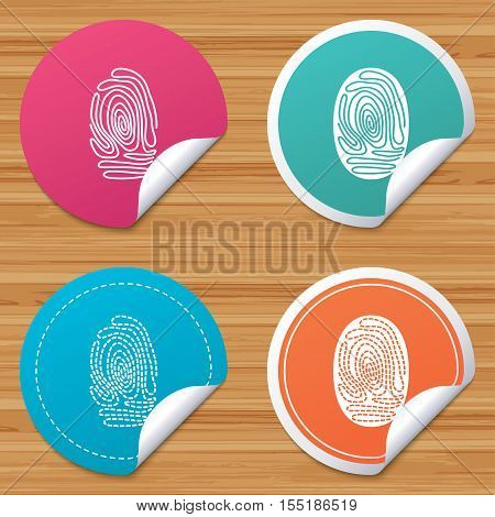Round stickers or website banners. Fingerprint icons. Identification or authentication symbols. Biometric human dabs signs. Circle badges with bended corner. Vector