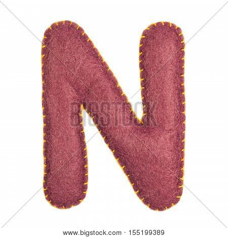 N- letter from purple felt. Collection of colorful handmade English alphabet isolate on white background