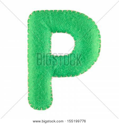 P- letter from green felt. Collection of colorful handmade English alphabet isolate on white background