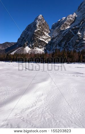 Julian Alps in winter in Val Saisera (Saisera Valley) with snowy peaks and blue sky. Tarvisio Friuli Venezia Giulia Italy Europe