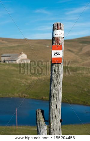 Wooden pole with red and white trail sign (number 256) in the Regional Natural Park of Lessinia Veneto Verona Italy Italian Alps