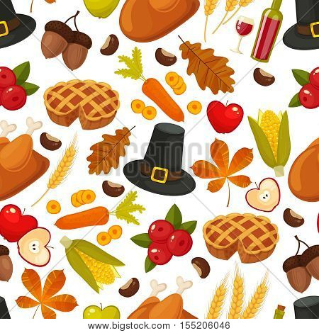 Traditional Thanksgivin day seamless background. Symbols of thanksgiving and family traditions elements for holiday design isolated on white background. Retro cartoon style vector illustration
