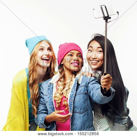 best friends teenage girls together having fun, posing emotional on white background, besties happy smiling, lifestyle people concept close up