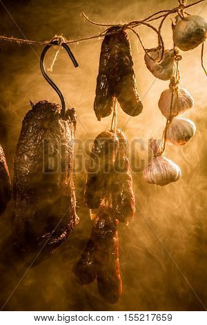 Closeu of smoked ham in the homemade smokehouse