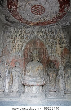 Buddha's statue rock carving in Longmen Grottoes at Yi River Luoyang City Henan province China