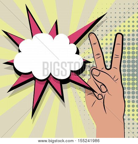 Hand peace sign comic retro pop art style white bubble. Cartoon comic vector colored speech bubble. Halftone hand drawn peace, ok sign. Positive hippie hand signs multi colored pop art background