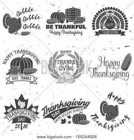 Happy Thanksgiving. Be thankful. Vector Thanksgiving retro badge. Concept for shirt or logo, print, stamp, patch. Pumpkin, corn apple barrel and grapes