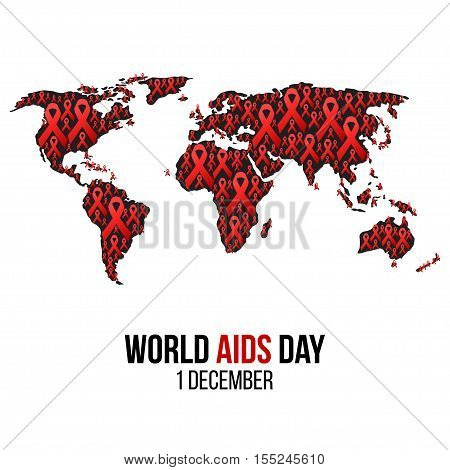 Vector illustration of hiv, aids awareness background isolated on white. World Aids Day concept. 1 December. Red ribbons on the map of world emblem.