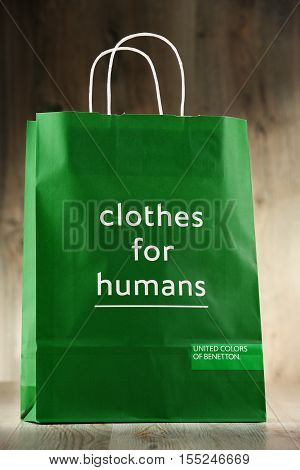 POZNAN POLAND - NOV 3 2016: Benetton Group S.r.l. is a global fashion brand based in Ponzano Veneto Italy. It operates a network of about 5000 stores worldwide.