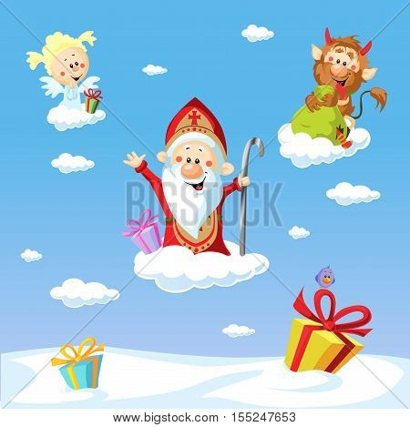 Saint Nicholas devil and angel - vector illustration with blue sky .During the Christmas season they are warning and punishing bad children and give gifts to good children.