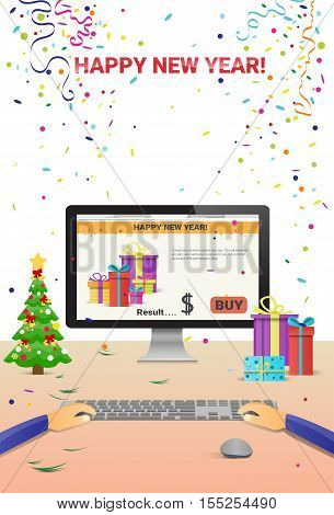 Decorated Workplace Computer Hands Using Typing Happy New Year Internet Christmas Sale Decoration Flat Vector Illustration