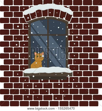 Red cat looking outside in the snowy window of a brick house