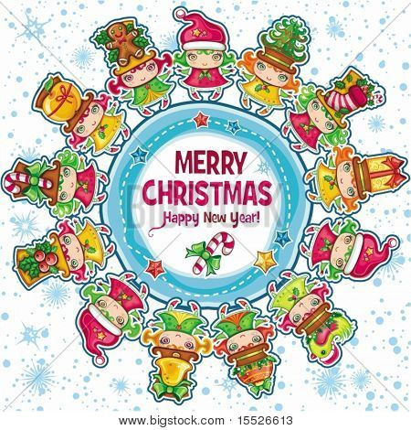 Thème de Noël : Funny petites filles portant des chapeaux de haut, avec des objets de Noël, dansant autour de Noël pl