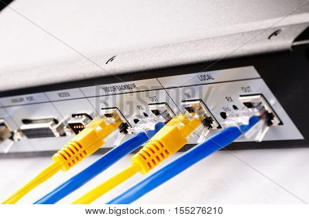 Rackmount network device with patch cords background selective focus