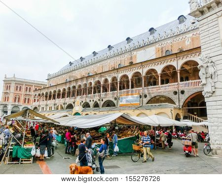 Padua, Italy - September 19, 2014: Scene of Palazzo della Ragione with local market and tourists, in Padua, Veneto, Italy