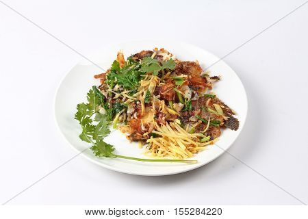Thai Food, Fried Ginger With Tilapia Fish  (call Pla Nil Pad Khing In Thai)