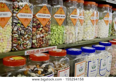 MOFFAT, UK - NOVEMBER 5, 2016: A large mix of various sweets and toffees in a local Moffat sweet shop, Moffat, Scotland, UK