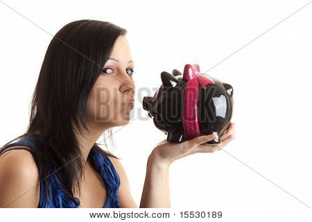 Jonge vrouw Piggy Bank kussen