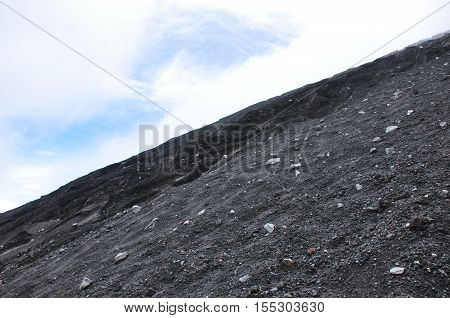 Climbing the volcano Semeru Indonesia. Crater covered with debris and slag