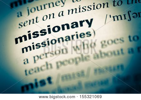 Close Up Of Old English Dictionary Page With Word Missionary