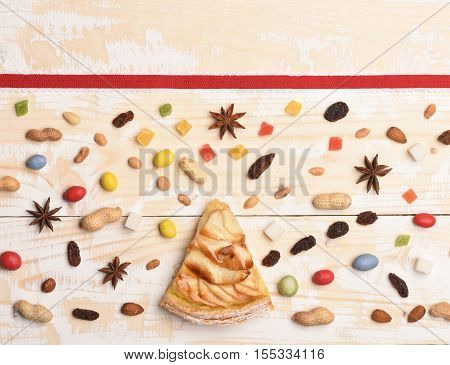 Slice Of Apple Pie On Vintage Wooden Background