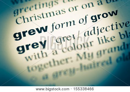 Close Up Of Old English Dictionary Page With Word Grew