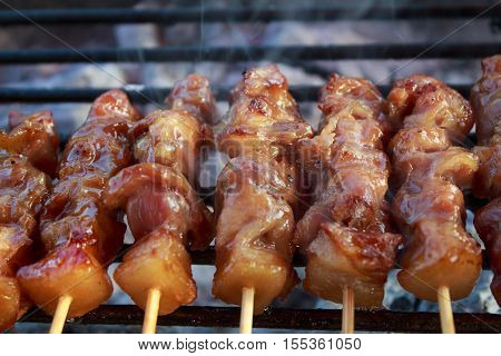 Thai styled pork  babeque on Steel grating