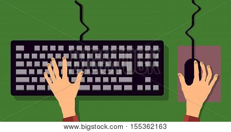 flat keyboard and hand. typing on keyboard and mouse. vector illustration