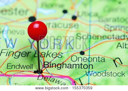 Binghamton pinned on a map of New York state, USA