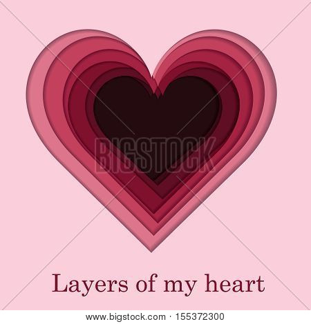 Cutout layered pink, purle and red paper heart shape for Valentines day. Love card. Vector illustration.