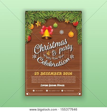 Christmas & Happy New Year Party Flyer Template. Christmas Party Decoration With Wooden Board Background. Vector Illustration Design. 4x6 inches Layout.