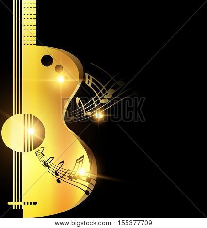 dark background and abstract big golden guitar with notes