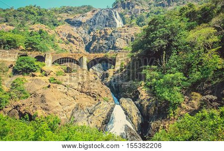 Dudhsagar waterfall over which there is a railway bridge