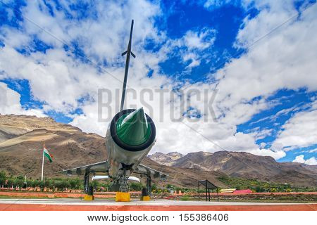 KARGIL JAMMU AND KASHMIR / INDIA - SEPTEMBER 1ST : A MIG-21 fighter plane used by India in Kargil war 1999 (Operation Vijay) between Pakistan and India in memory of Indian victory on 01.09.2014.