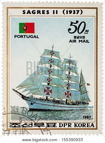 MOSCOW RUSSIA - NOVEMBER 04 2016: A stamp printed in DPRK (North Korea) shows image of Portuguese sail training ship 