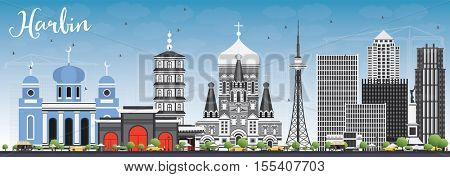 Harbin Skyline with Gray Buildings and Blue Sky. Vector Illustration. Business Travel and Tourism Concept with Historic Architecture. Image for Presentation Banner Placard and Web Site.