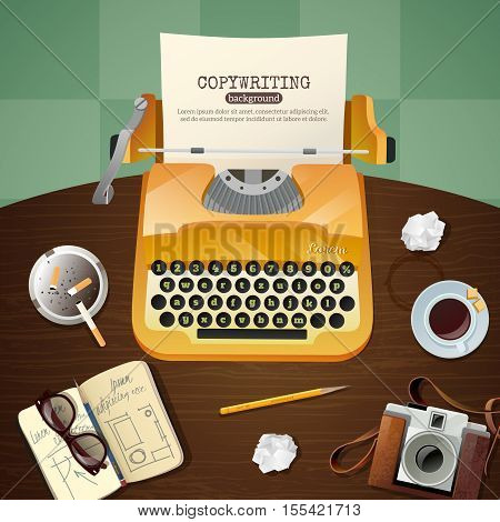 Flat workplace for journalist with vintage typewriter camera and notepad vector illustration