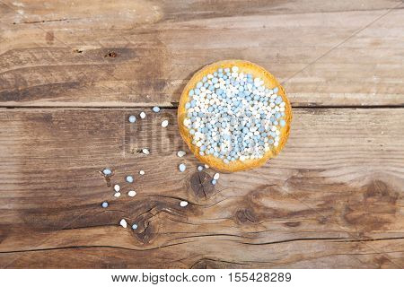 Traditional Dutch birth celebration biscuit with blue muisjes on wooden background