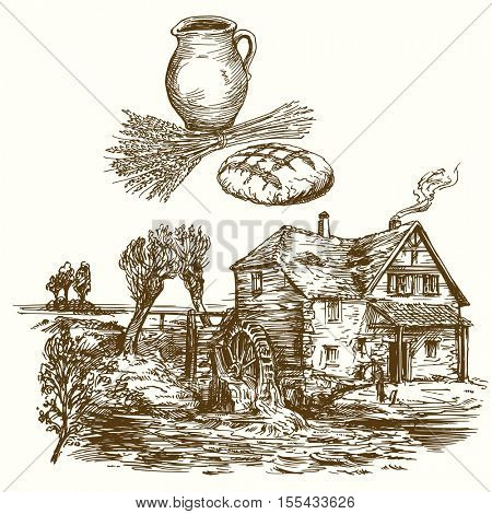 Old watermill. Hand drawn illustration.