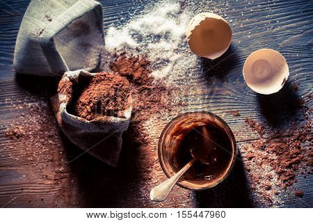 Taste of childhood egg yolk with sugar and cocoa